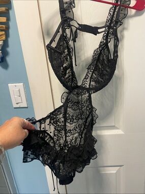 For Love And Lemons Black Sheer Lace Chemise Bodysuit